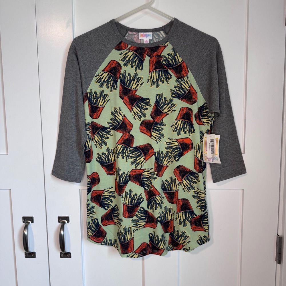 NWT LuLaRoe Randy French Fries Baseball Shirt Womens Sz Small Raglan Light Green